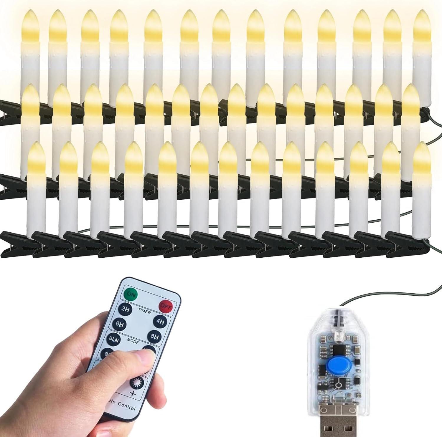 Holdonelight LED Christmas Tree Candles with Clips, 40 Leds, Warm White, 8 Modes, USB Timer, Dimmable, Indoor and Outdoor Use (40 Leds, 13 M Long, Warm White) image number 6