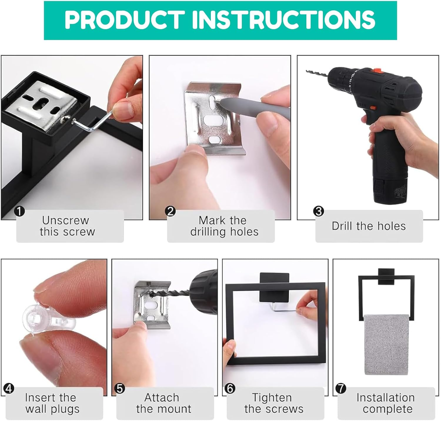 RIKONDA Matte Black Towel Ring Holder - 304 Stainless Steel Bathroom Towel Rack, Modern Square Design with Hidden Screws, Rustproof & Durable for Kitchen, Laundry, Hotels image number 3