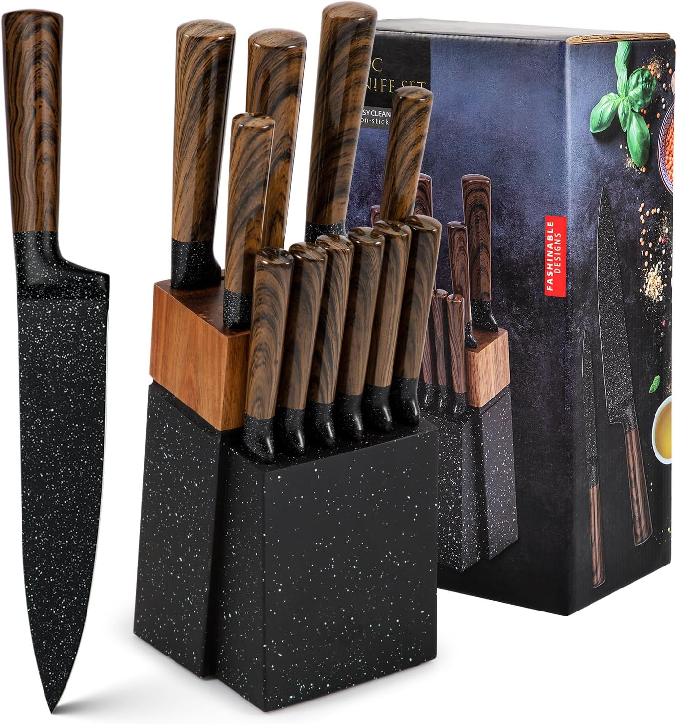 ASKSCICI Knife Set,12-Piece High Carbon German Stainless Steel Knife Set with Block - Japanese-Inspired Wooden Pattern Handles and 6 Steak Knives Included image number 6