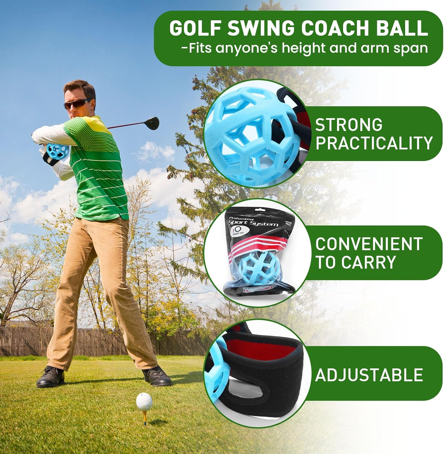 FINGER TEN Golf Swing Trainer Impact Smart Ball with Adjustable Training Wristband Wrap, Golf Posture Corrector Portable Lightweight Practice Tool for Golfer Beginner - Blue image number 4