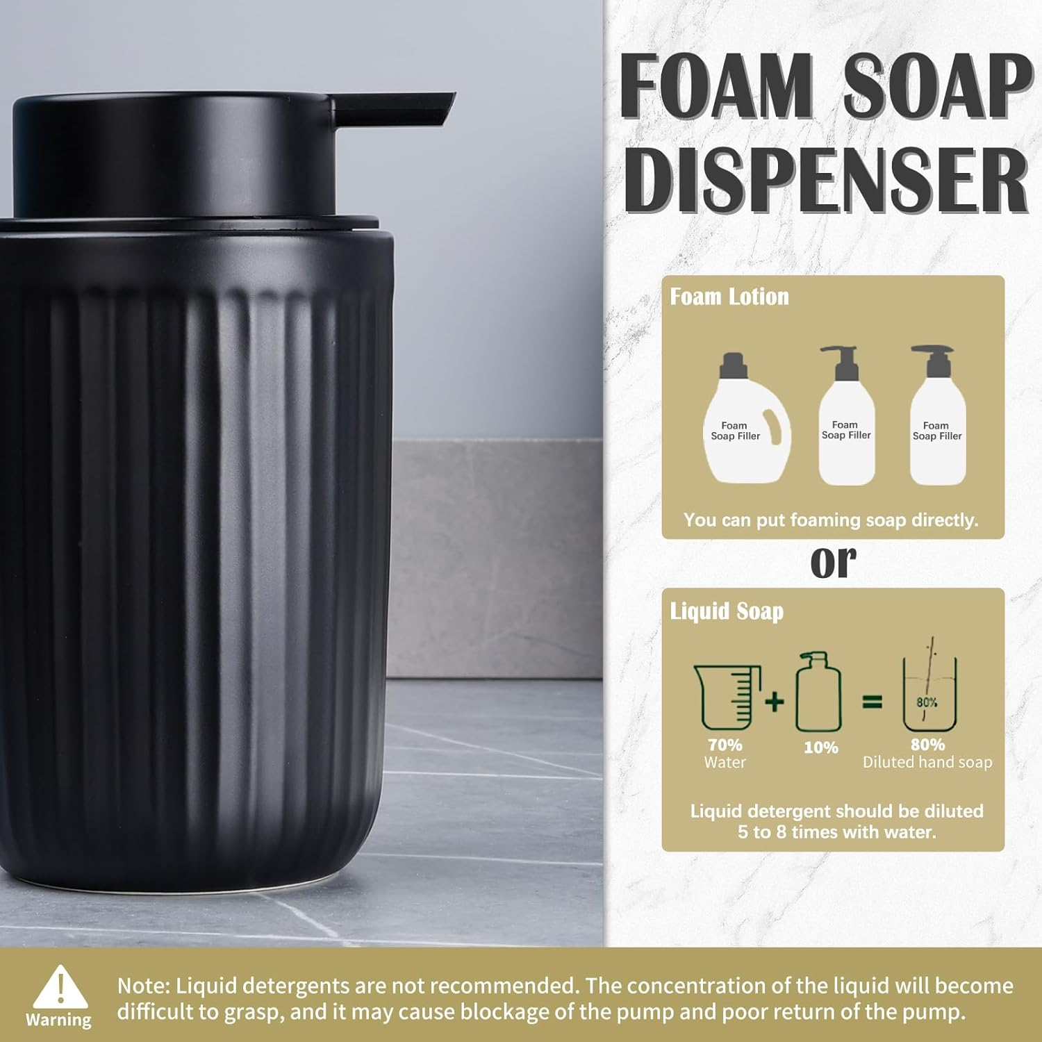 Umlaca Foam Soap Dispenser Black Ceramic Foaming Soap Dispenser for Bathroom, 320Ml Refillable Liquid Lotion Hand Soap Dispenser with Rust-Proof Foaming Pump for Countertop image number 3