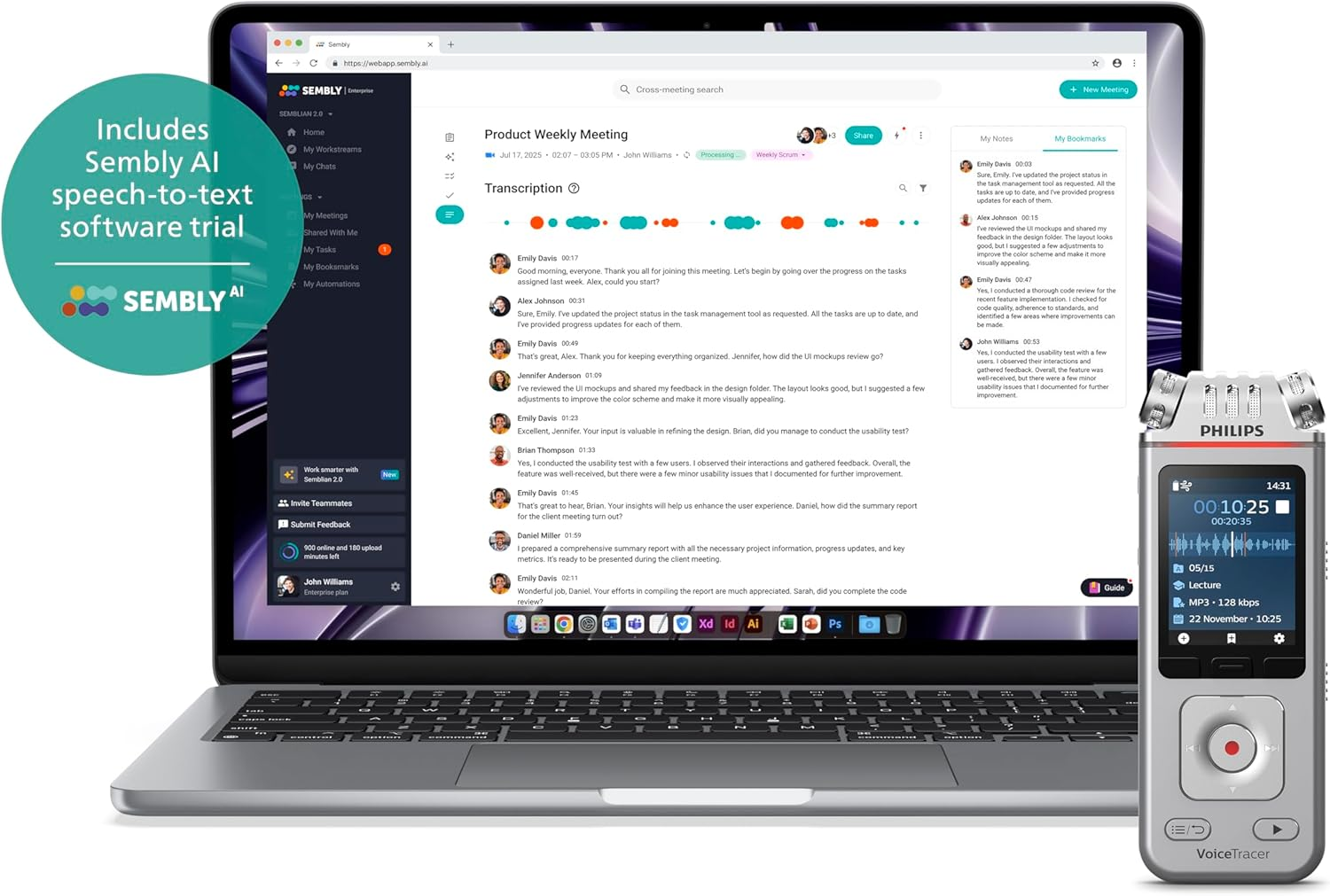 Philips DVT4115 Voice Recorder, MP3, Hifi Microphones with Sembly AI for Voice Recognition for Multiple Speakers, Creating Summaries, Meeting Logs and To-Do Lists image number 5
