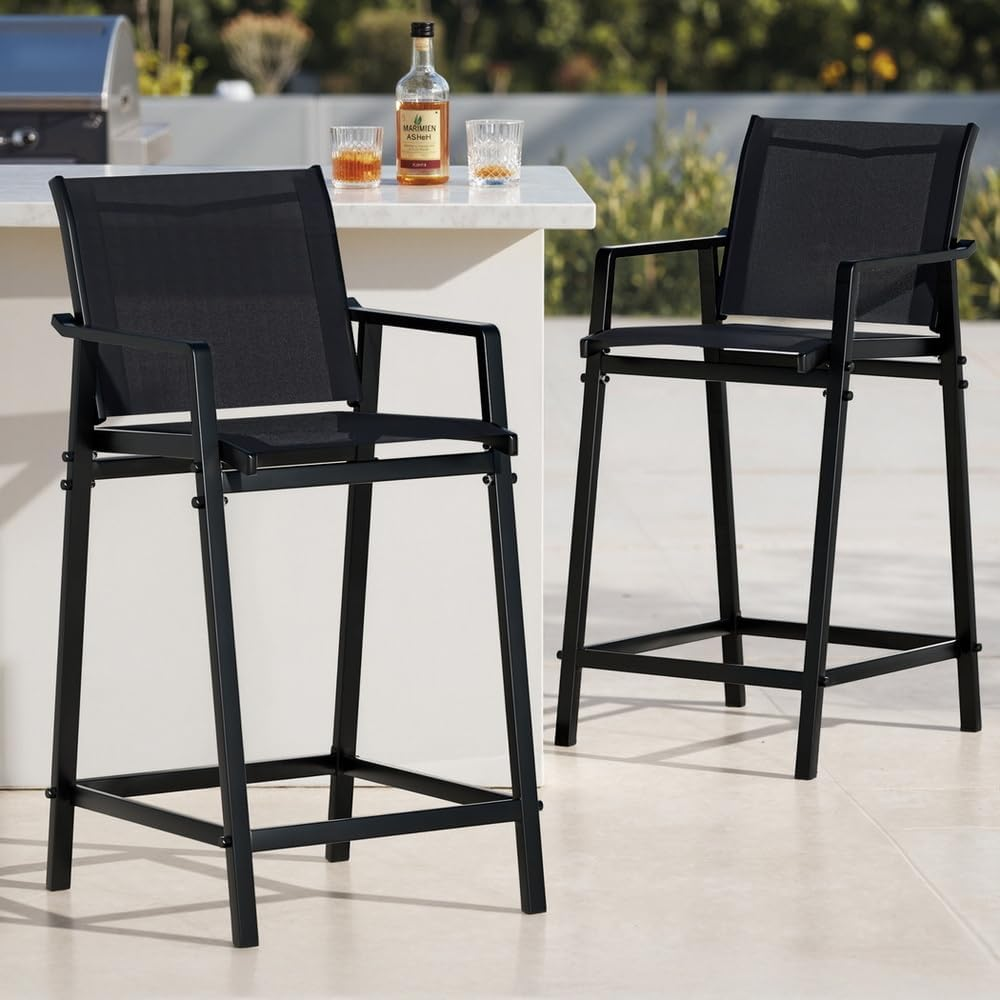 Gardeon Outdoor Bar Stools Set of 2, Dining Chairs with Armrest and Footrest, Patio Furniture for Garden, Bistro, Lawn, Poolside, Backyard, Kitchen, Steel Textilene Fabric, Black image number 3