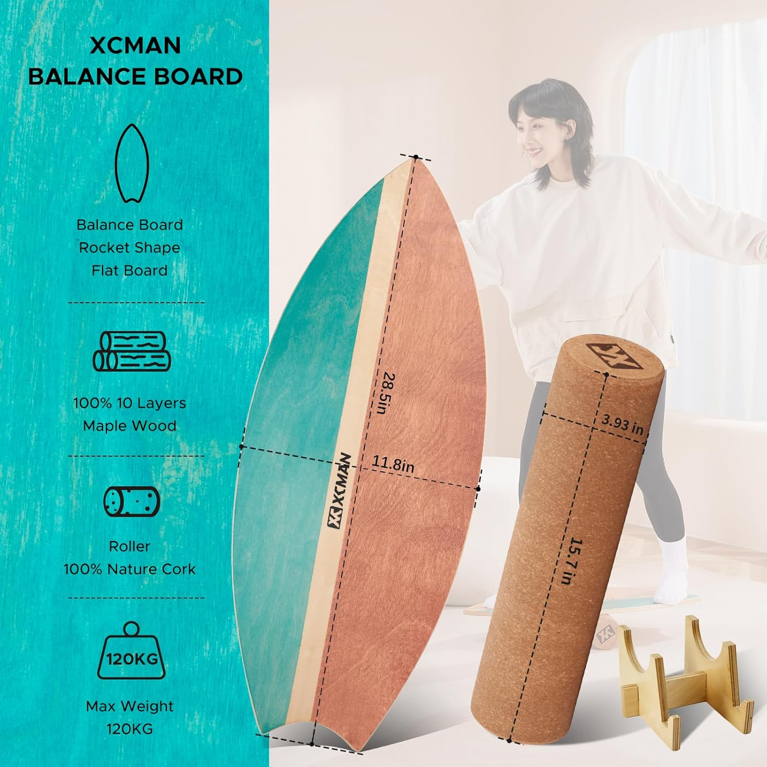XCMAN Surf Balance Board Trainer with Roller Wooden Exercise Balancing Stability Trainer - Non Slip Surface for Adults Kids|Balance Board for Surfing,Snowboarding,Skateboarding,Hockey,Yoga Training image number 2