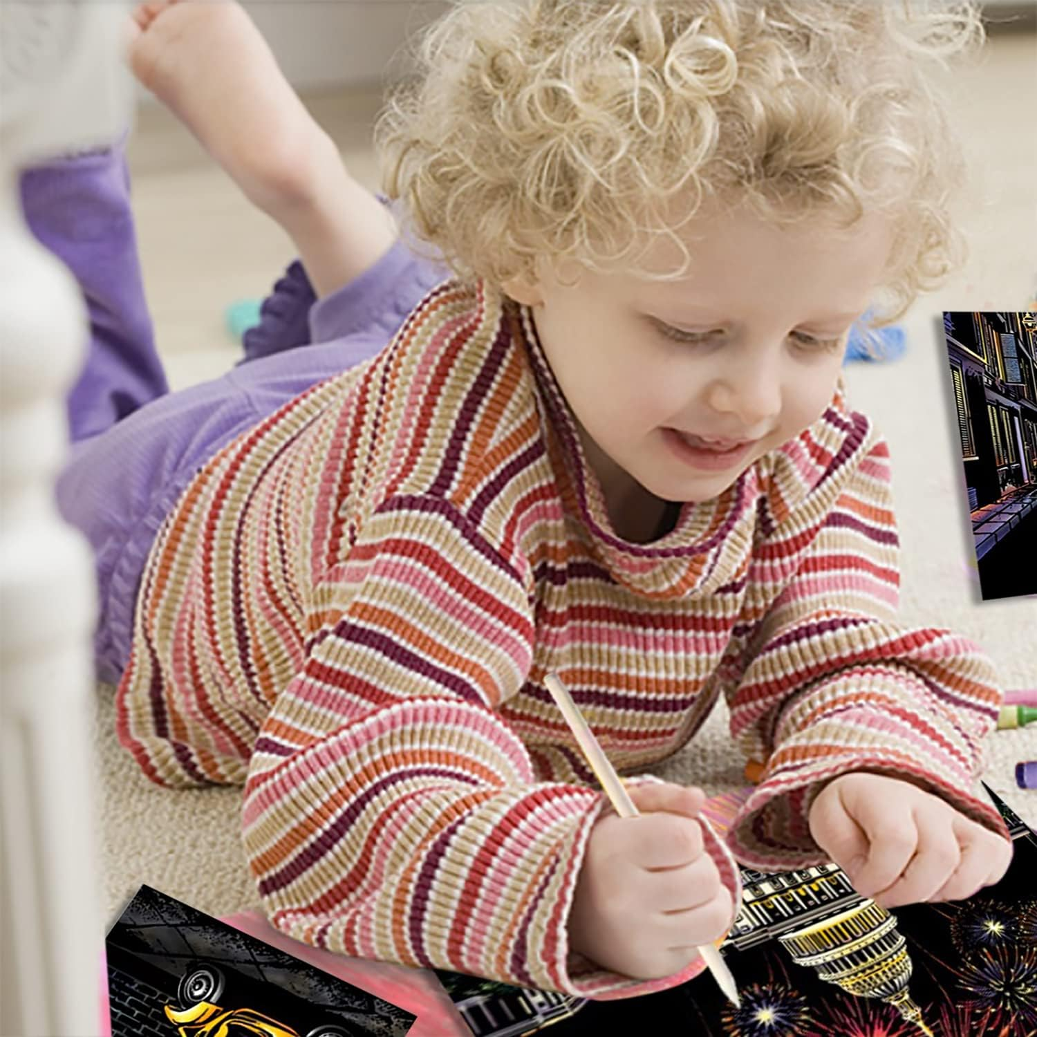 Georgie Porgy Scratch Picture Set DIY Craft Sets for Children Magic Rainbow Scratch Paper A4 Postcards for Christmas Birthday Gift with Scratch Tools Kit (Europe + Road Corner) image number 3