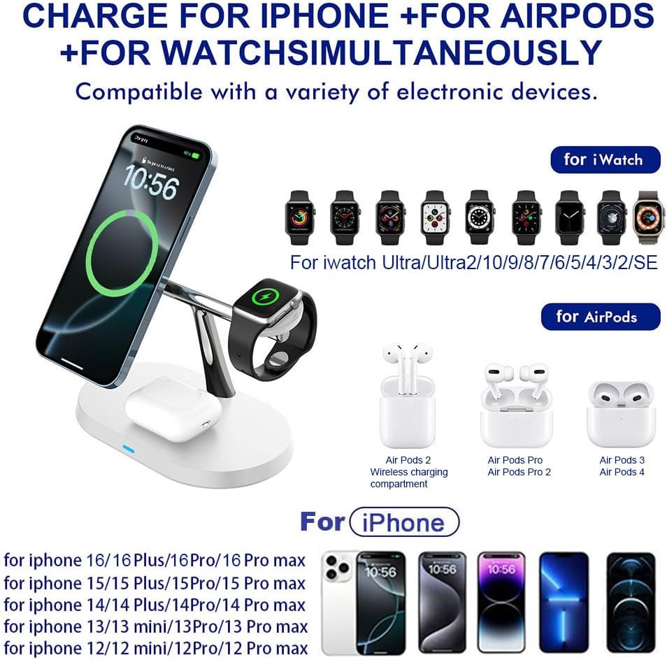 VNBBT 3 in 1 Magnetic Wireless Charging Station, 15W Fast Wireless Charger Stand Compatible Mag-Safe Charge for Iphone 17 16 15 14 13 12 Pro Max/Plus/Mini,Air Pods,Apple Watch Series,White image number 3