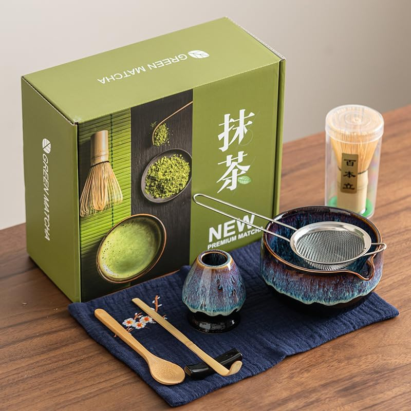 Myrthra Matcha Whisk Set - 8PCS Japanese Matcha Tea Kit for Traditional Tea Ceremony, Japanese Tea Making Tools with Whisk, Ceramic Bowl, Scoop,Tea Mat, Blue&Purple