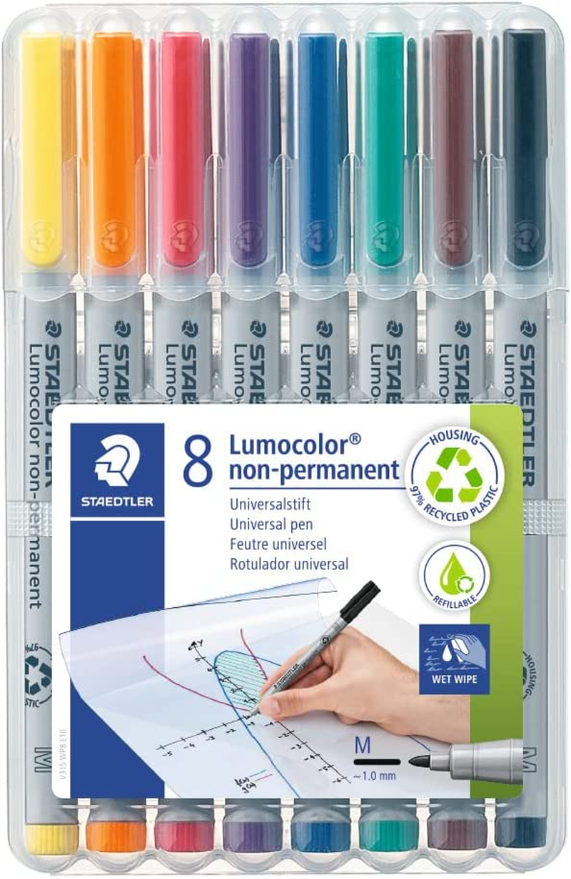 STAEDTLER Lumocolor Non-Permanent Medium Markers 8 Pack, Assorted Colours, 315 WP8, Water-Soluble Ink, Fast-Drying, Stand up STAEDTLER Wallet Converts to Convenient Desk Stand image number 2