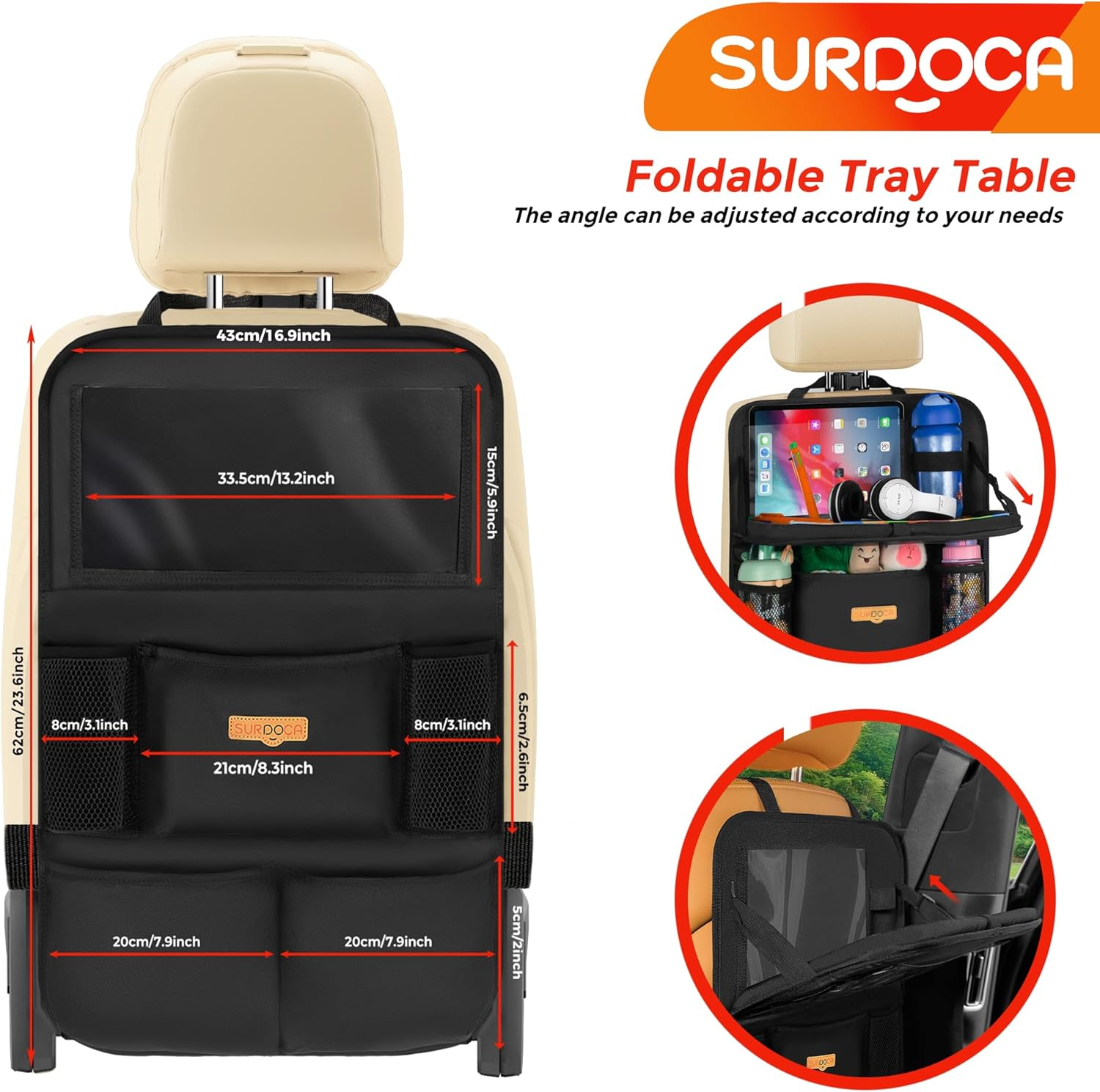 SURDOCA Backseat Car Organizer with Foldable Tray for Kids & Adults &ndash; NEW MODEL Seat Storage with Touchable Tablet Pocket, Roadtrip Essentials &ndash; Fits Most Vehicles image number 2