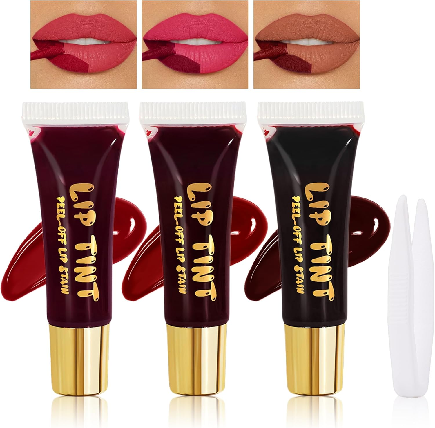 Erinde Peel off Lip Gloss with Tweezer, Long Lasting Matte Lip Liner Stain Peel Off, Women Waterproof Lip Stain, Highly Pigmented Color Lipliner, Transfer Proof Lip Tint Peel off #03+04+05