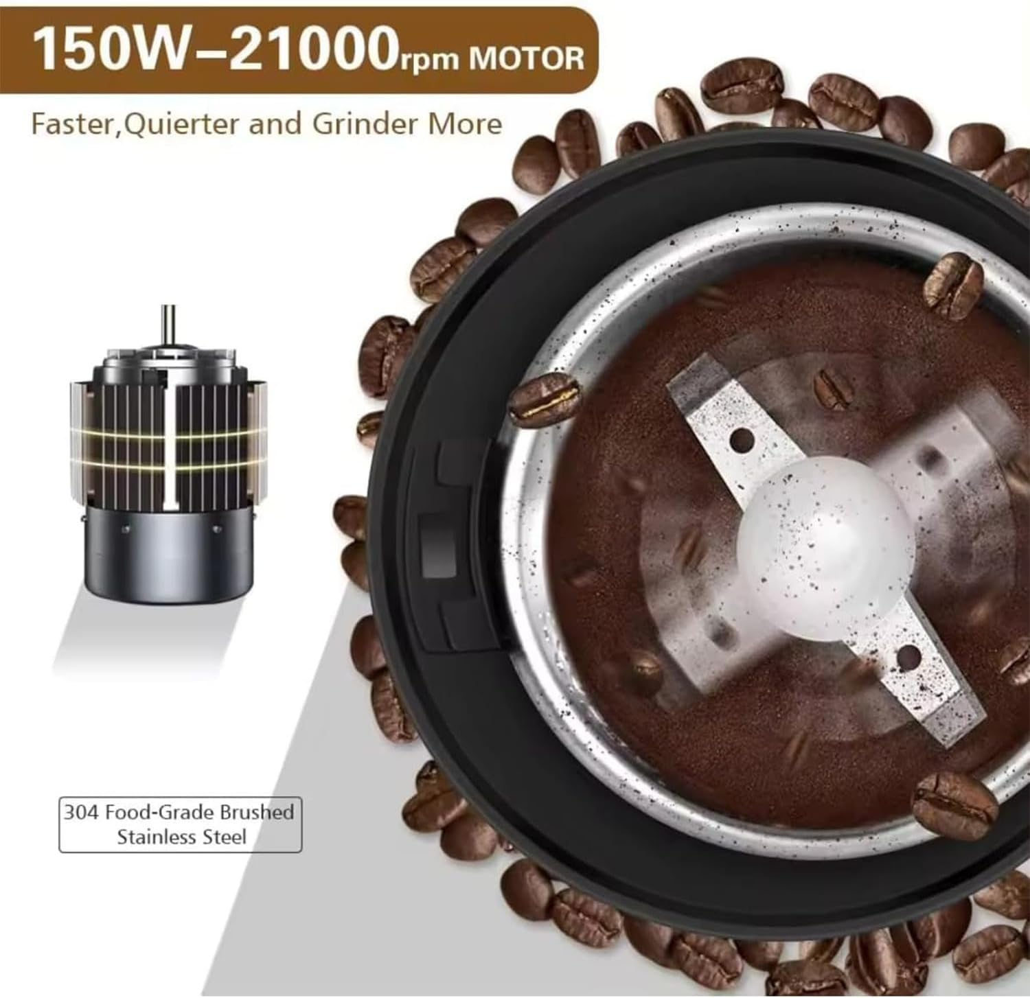 Electric Coffee Grinder, Espresso Bean Spices Grinder, One Touch Portable - 150W, for Coffee, Spices, Herbs, Nuts, Grains image number 2