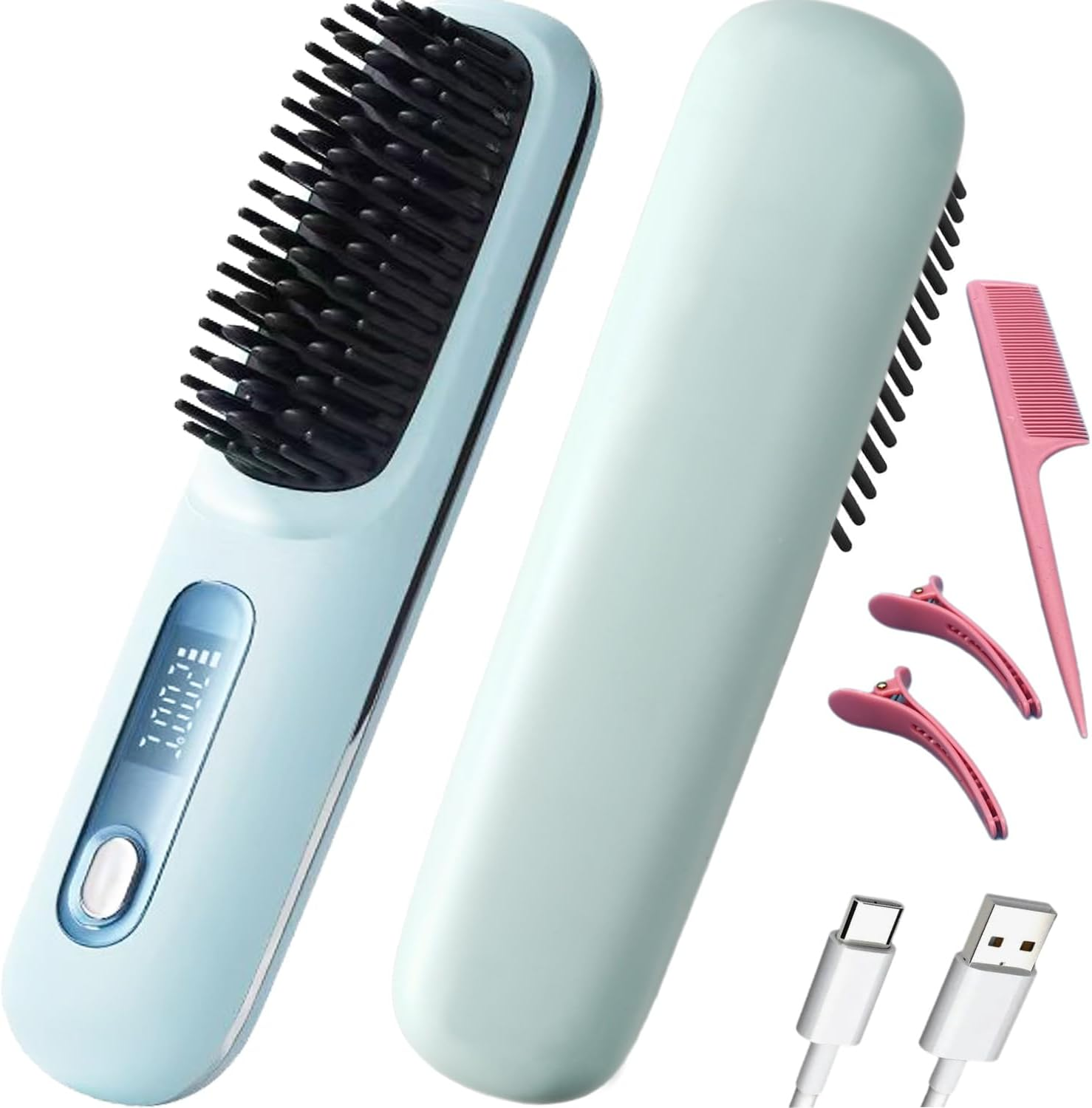 Cordless Hair Straightening Brush with LCD Display 160-200&deg;C Constant Temperature 20S Fast Heaning Type-C Interface Long Lasting Endurance Light Portable Gifts for Woman Travel (Purple)