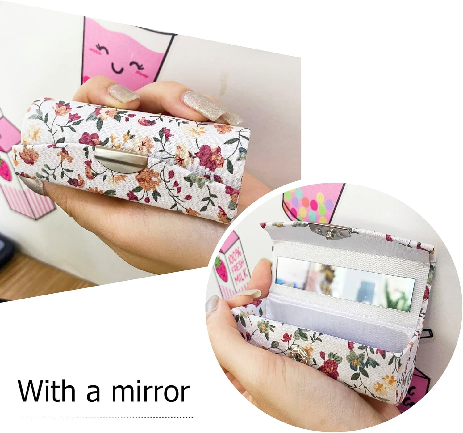 MIAO JIN Lipstick Case with Mirror Lipstick Holder Storage Box Mini Portable Floral Jewelry Cosmetic Case, Small Flower, 12PCS, 12Pcs image number 2