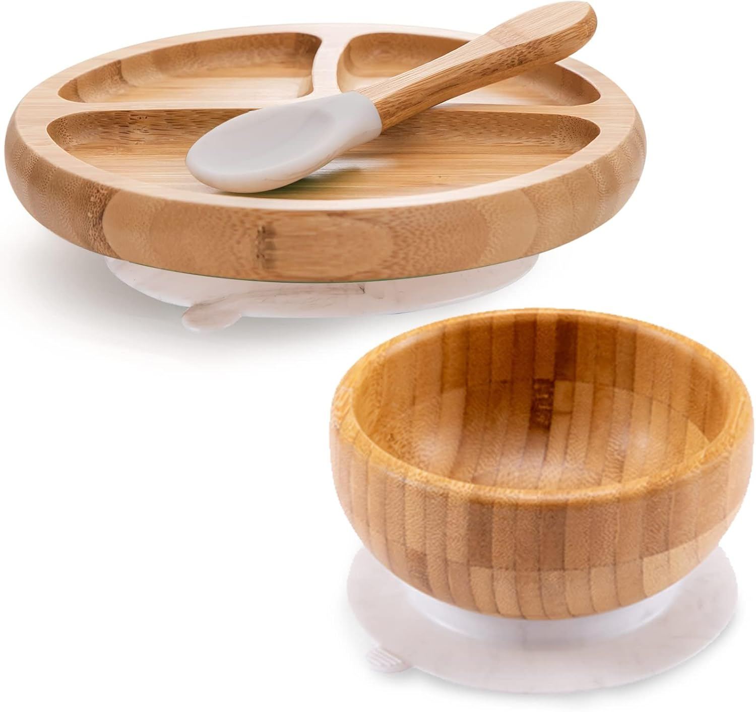 Bamboo Suction Plates Bowls Set for Baby Toddler Divided Platter Food Bowl with Silicone Fork & Spoon All-Natural Kids Feeding Set for Baby-Led Weaning, Non-Slip Design