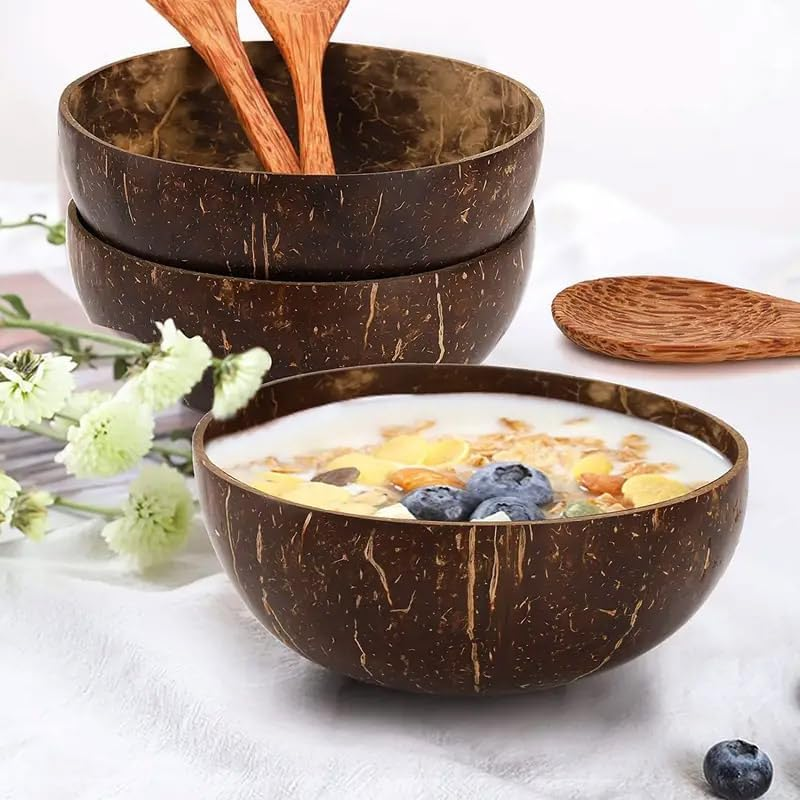 AIMALL 2PCS Natural Coconut Shell Bowls, Handcrafted Tableware for Rice, Desserts, Fruits, and Salads