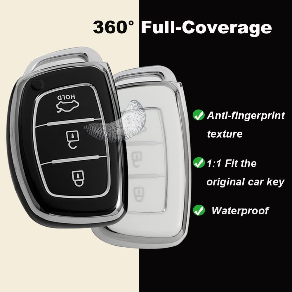 HIBEYO Key Fob Cover for Hyundai Tucson Sonata Fe Creta Mistra Elantra Ioniq Venue IX35 I10 I20 I30 I40 Solaris Kona Accent 2018-2022 Car Accessories TPU Silver-Edge with Leather Keychains-Whtie image number 2