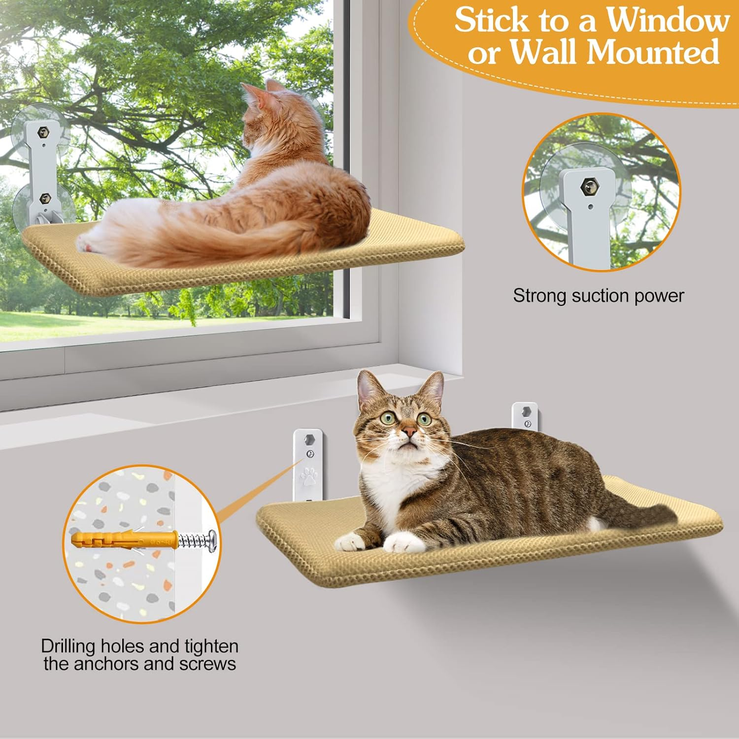 Foldable Cat Window Perch, Cordless Cat Windows Hammock with 4 Strong Suction Cups, Window Cats Beds for Indoor Inside, Large Cats Seat Windowsill Safety with Sturdy Metal Frame Soft Cover image number 5