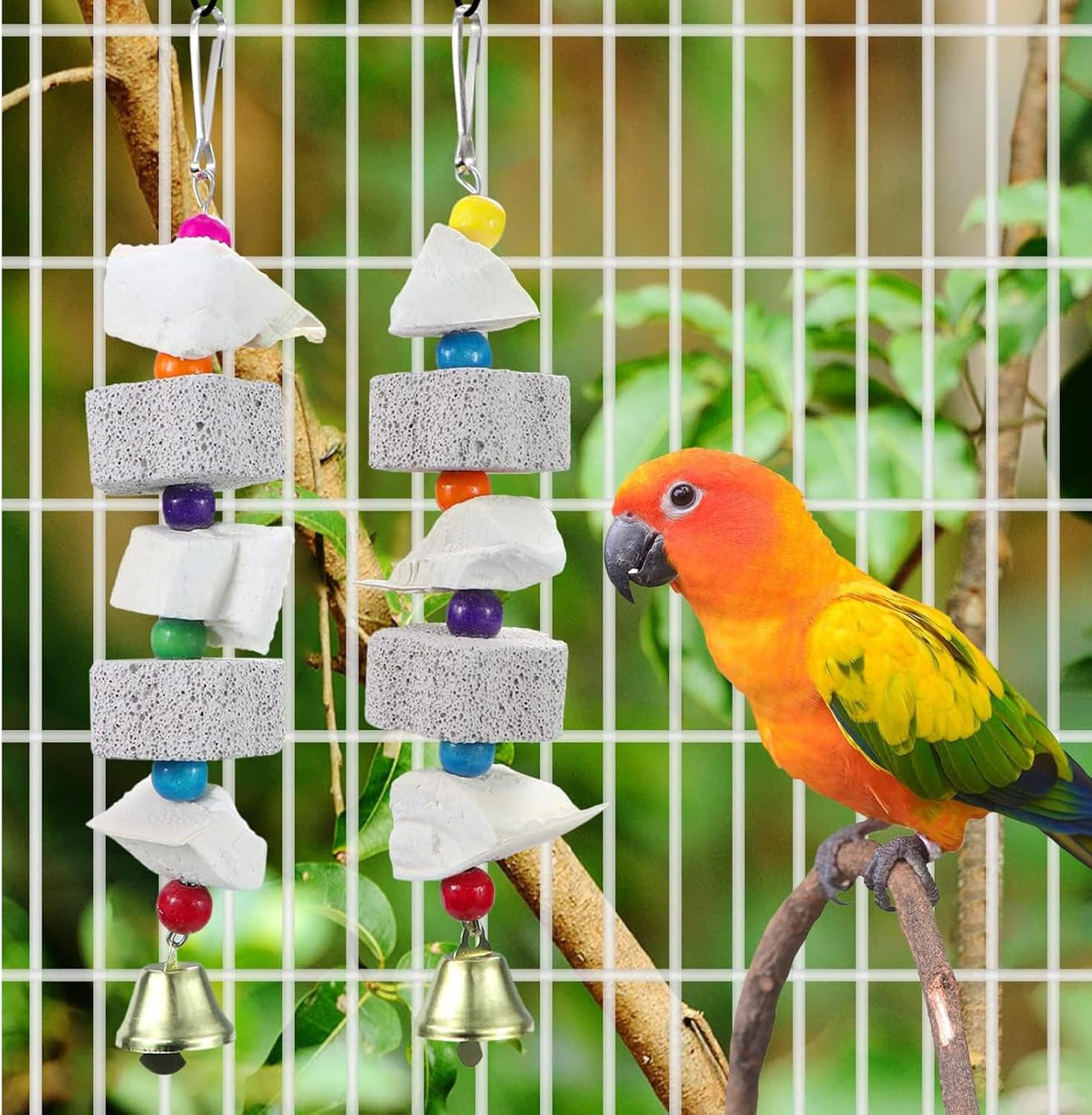 2Pcs Bird Beak Trim Cuttlebone Calcium Stone Lava Block Chew Toy Grinding Teeth Natural Minerals with Bell for Parakeet Conure Lovebird Cockatiel Finch Canary Hamster Chinchilla Rabbit image number 6