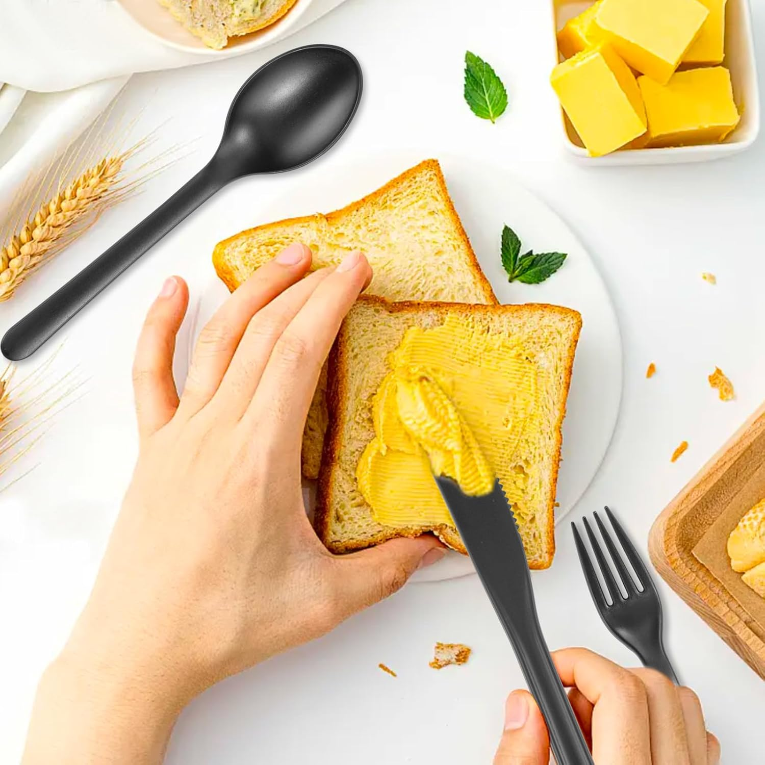 180Pcs Black Cutlery Set,Heavy Duty Cutlery Reusable Wheat Straw Tableware Set with Knife,Fork & Spoon, Dishwasher Safe,For Family Travel Party Outdoor Picnics image number 1