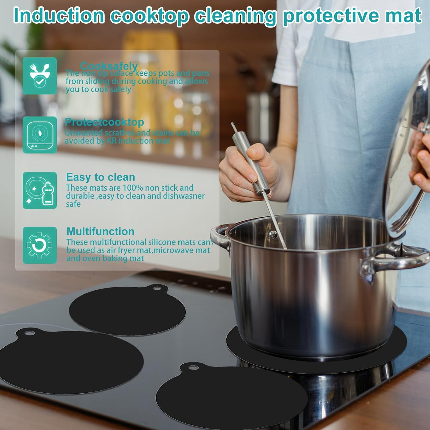 4 Black Silicone Mats for Induction Cookers, Induction Cooker Protective Non-Slip round Silicone Mats, Induction Floor Mat, Heat Resistant image number 2