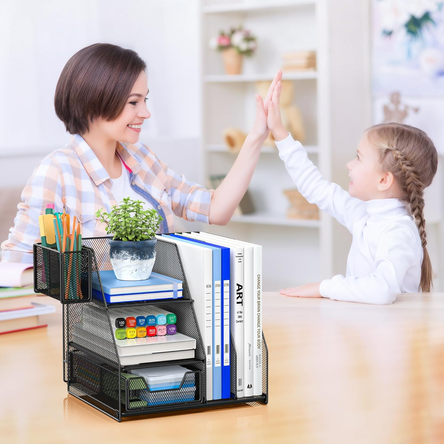 ADO03 Metal Mesh Desk Organizer with File Holder, 2-Tier Paper Letter Tray and One Drawer, 2 Pen Holders & 2 Vertical Magazine Holders for Office Supplies, Black image number 6