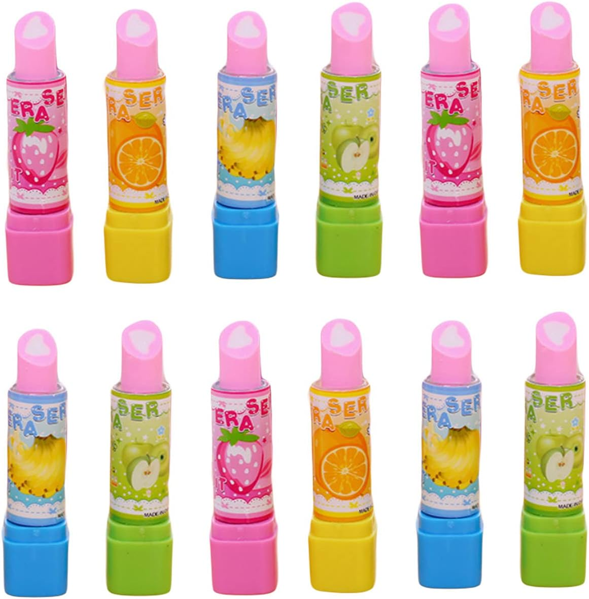 12 Pcs Cute Fruit Lipstick Style Pencil Erasers Novelty Lipstick Style Rubbers Retractable Erasers for Party Favors School Student Prizes Gift Filling image number 2