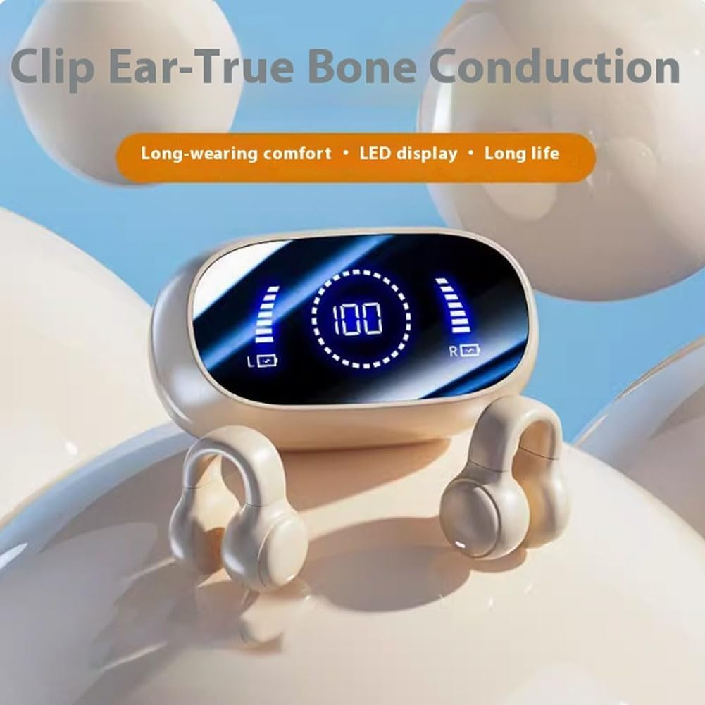 Morrat Ear Clip Headphones, Wireless Ear Clip Bone Conduction Headphones, Smart Fingerprint Touch Waterproof Earphones with Led Intelligent Display (White)