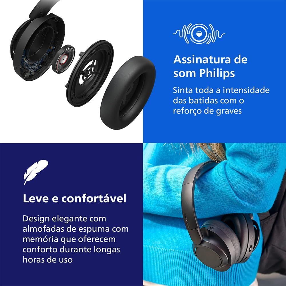 Philips TAH6509BK/00 Noise Cancelling Over-Ear Wireless Bluetooth Headphones - Excellent Call Quality, Compatible with Voice Assistants and up to 45 Hours of Music Playback Time - Black image number 1