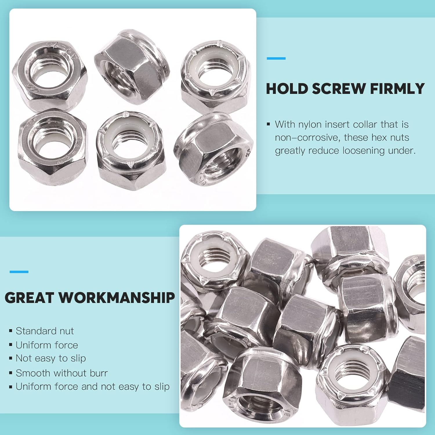 120Pcs 1/4-20 5/16-18 3/8-16 8-32 10-24 Hex Lock Nuts Nylon Inserted Hex Locknuts Fasteners 304 Stainless Steel Assortment Kit image number 2