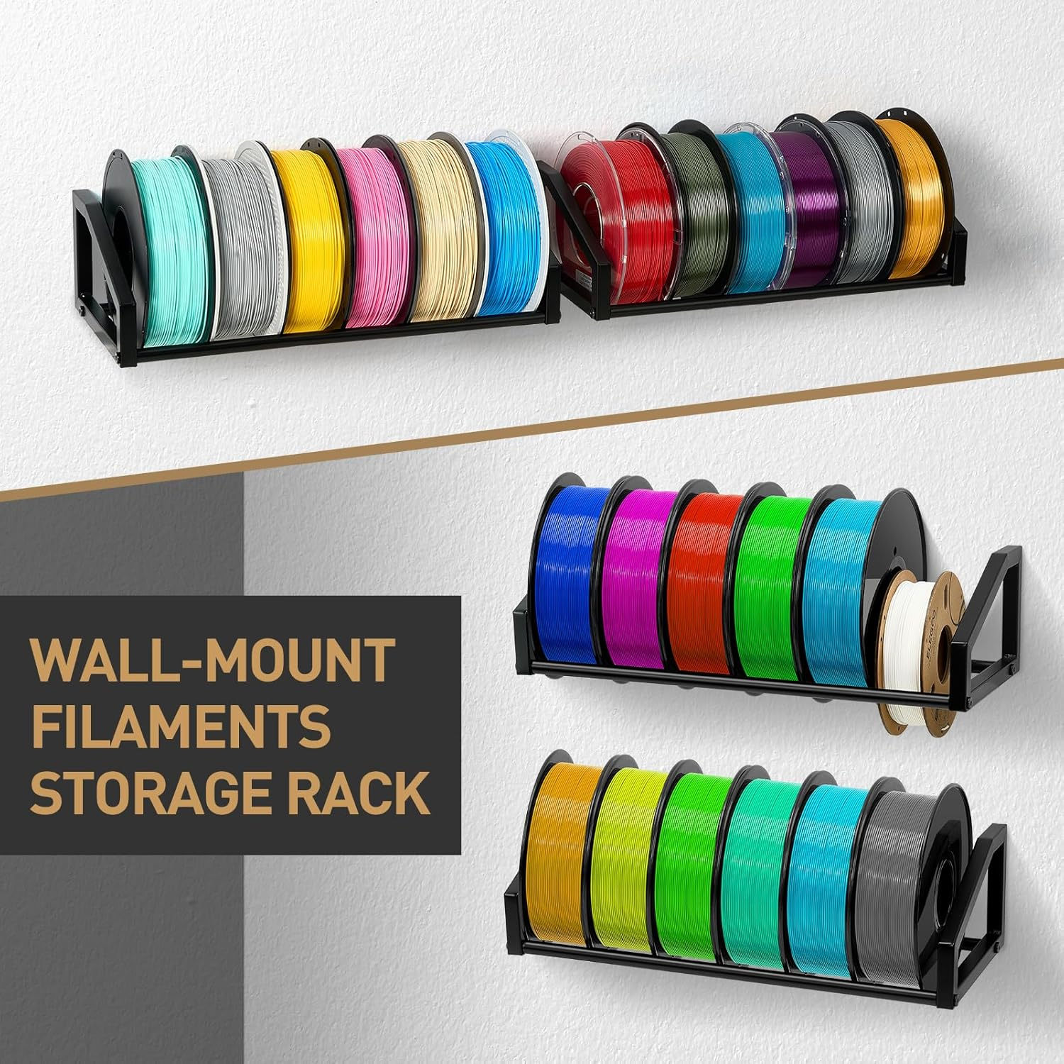 Filament Storage, 3D Printer Filament Storage Rack - Wall Mounted Heavy Duty Filament Spool Holder 2 Tier Metal Shelf Organizer for PLA, ABS, TPU, Nylon - Ideal for 3D Printing Workstation Home Office image number 6