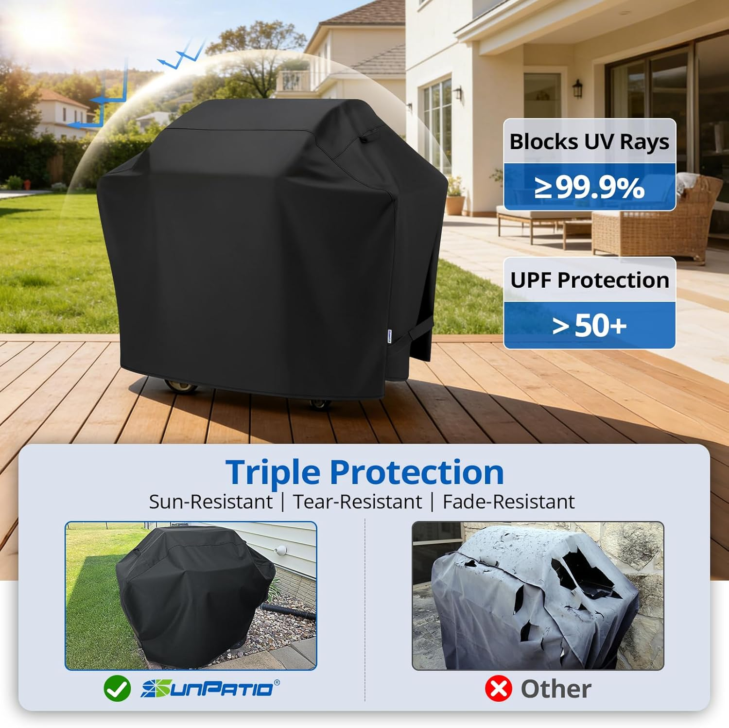 Sunpatio BBQ Grill Cover 60 Inch, Outdoor Heavy Duty Waterproof Barbecue Gas Grill Cover, UV and Fade Resistant, All Weather Protection for Weber Char-Broil Nexgrill Grills and More, Black image number 2