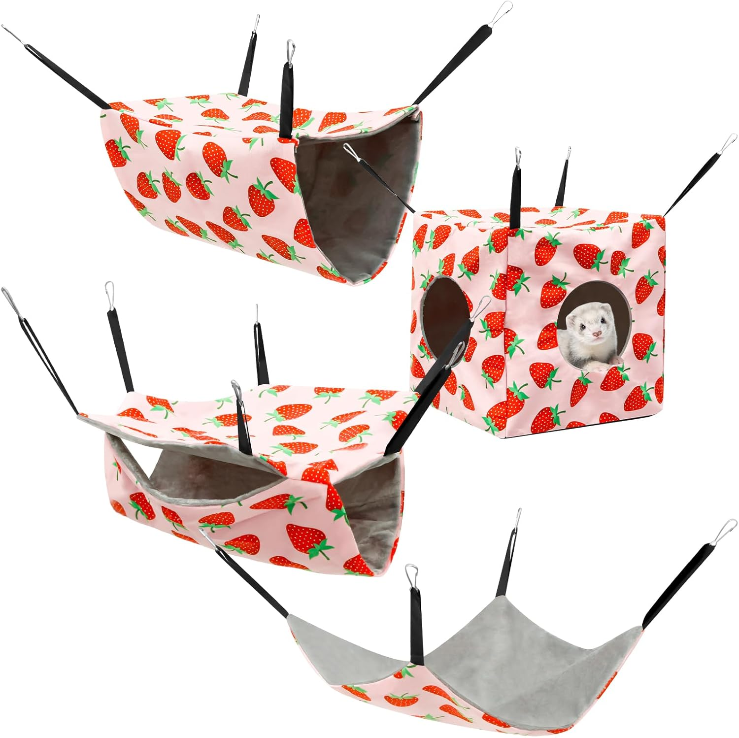 Pack of 4 Hamster Hammocks House, Hanging Swing Small Animals Bed Linen, Washable Rat Cage Accessories, Soft Plush Guinea Pig Bed Toy for Ferrets Rats Guinea Pigs Parrot (Pink) image number 1