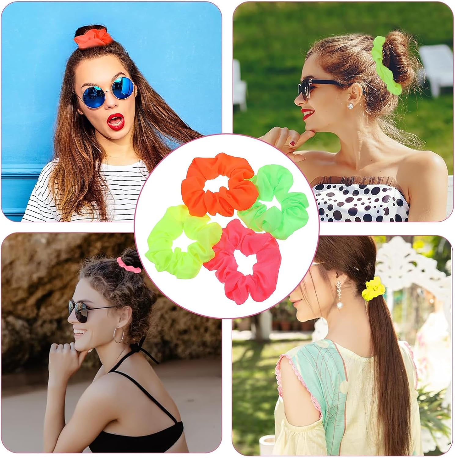 Tavvke 4 Pcs Neon Scrunchies, 80S-Inspired Chiffon Hair Ties, Soft Elastic Ponytail Holders, Thick Neon Hair Bands in Solid Colors Ideal for Christmas, Halloween, and Parties, for Women and Girls image number 5
