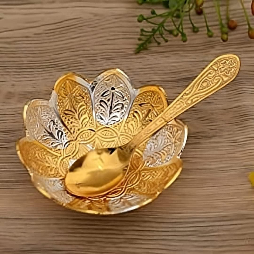 Garden of Arts Fancy Metal Gold and Silver Plated Floral Flower Shape 5 Pieces Set 2 Bowls 2 Spoons 1 Tray in Red Velvet Box Ideal for Dryfruits Party Prop Also Known as Pandan image number 4