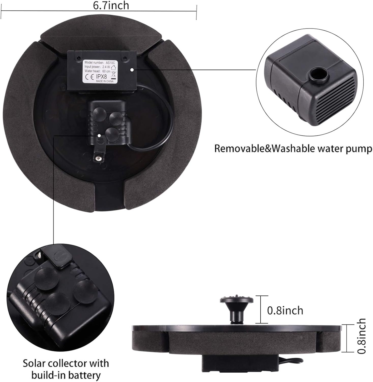 10V 2W Upgraded Submersible Floating Solar Fountain Pump with Build-In Battery Backup, Water up to 60-100Cm, Solar Water Fountain Panel Kit for Bird Bath,Small Pond,Garden and Lawn image number 3