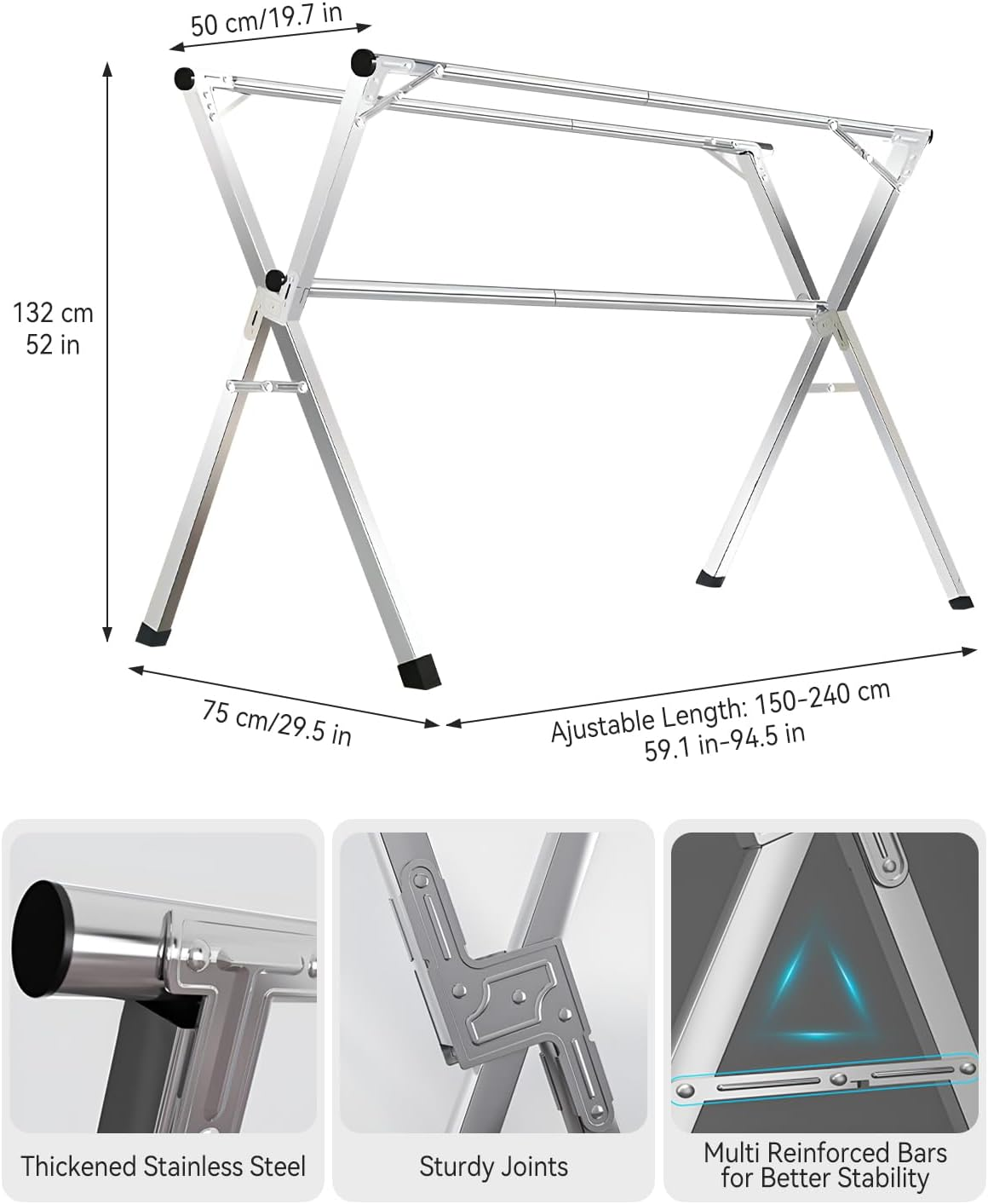 Taefuhnn 2.4 Meters Clothes Drying Rack, 95 Inch Heavy Duty Collapsible Stainless Steel Clothes Airer, Foldable Portable Laundry Drying Rack with 30 Windproof Hooks for Indoor Outdoor