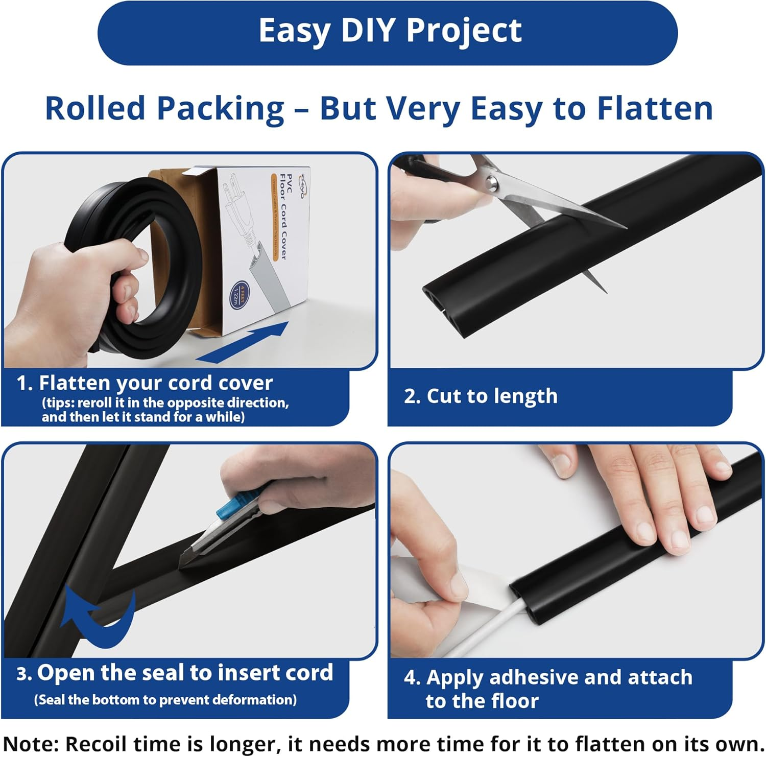 Floor Cable Cover, 4Ft, Black Wire Cover for Floor, Prevent Cable Trips & Protect Wires, Floor Cord Cover - Cord Cavity - 0.39" (W) X 0.24" (H)