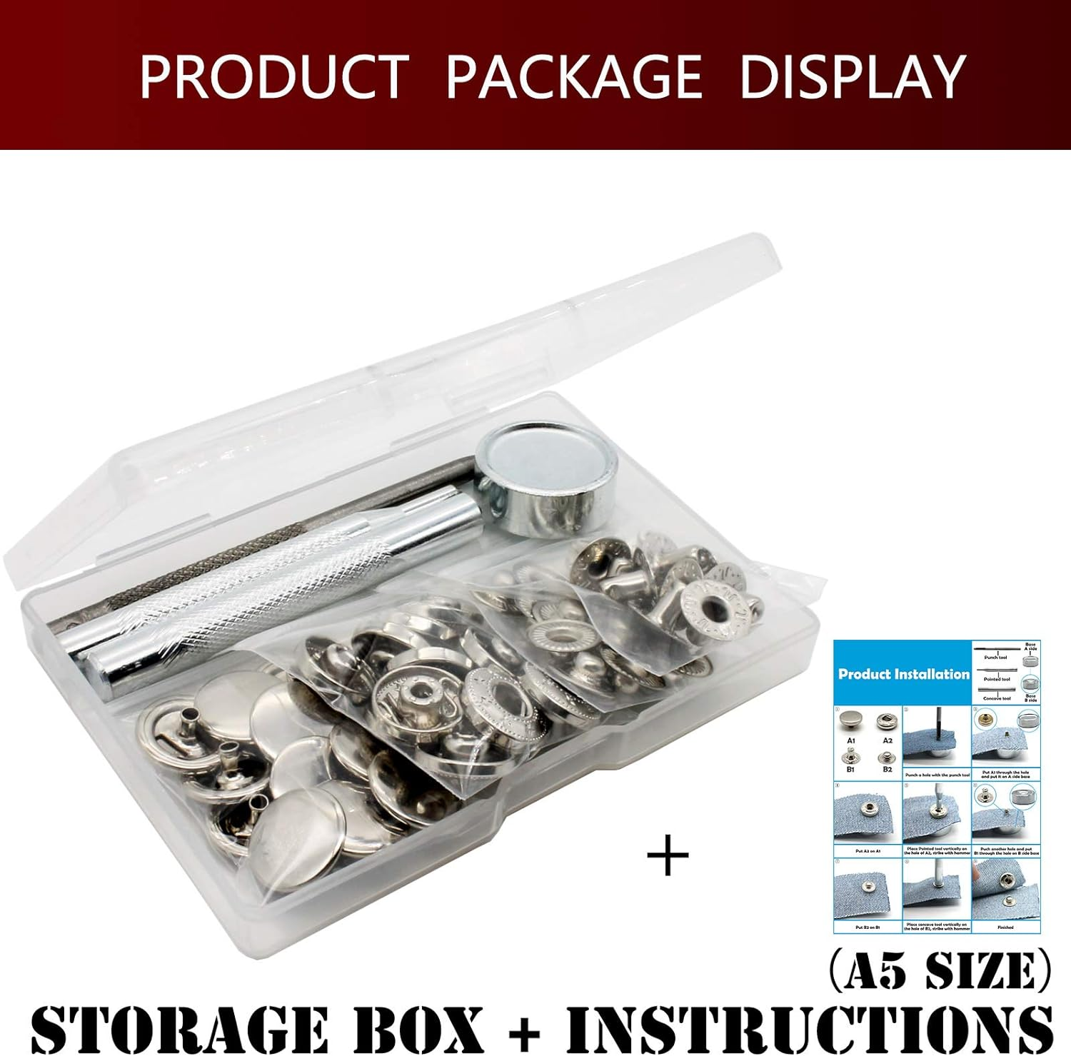 12 Sets Heavy Duty Leather Snap Fasteners Kit, 15Mm Metal Snap Buttons Kit Press Studs with 4 Install Tools, Leather Rivets and Snaps for Clothing, Leather, Jeans, Jackets, Bracelets, Bags (Silver) image number 2