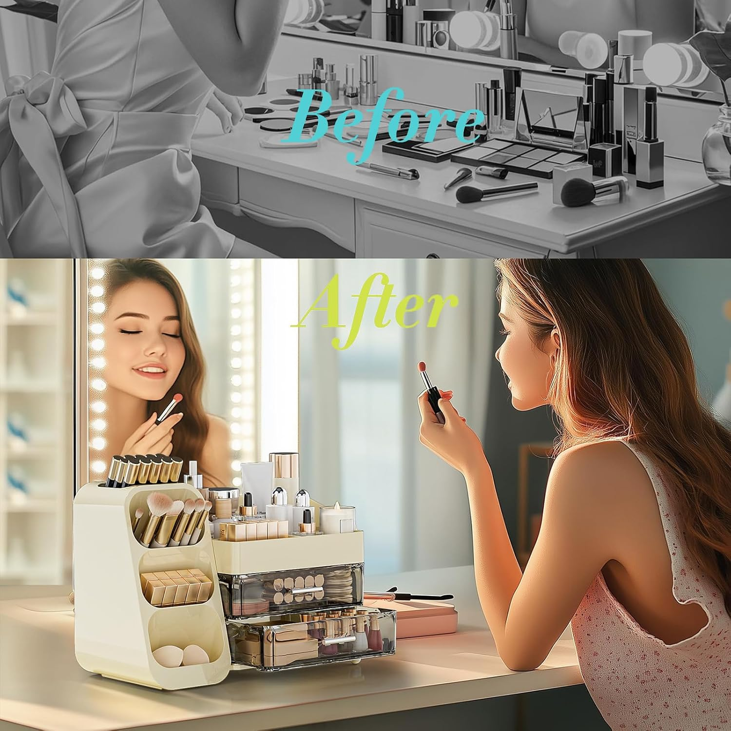 Multi-Tier Vanity Makeup Organizer with Drawers - Built-In Brush Holder for Bathroom, Spacious Cosmetic Storage Case Bathroom Skincare & Beauty Organizer for Essentials (Beige) image number 4