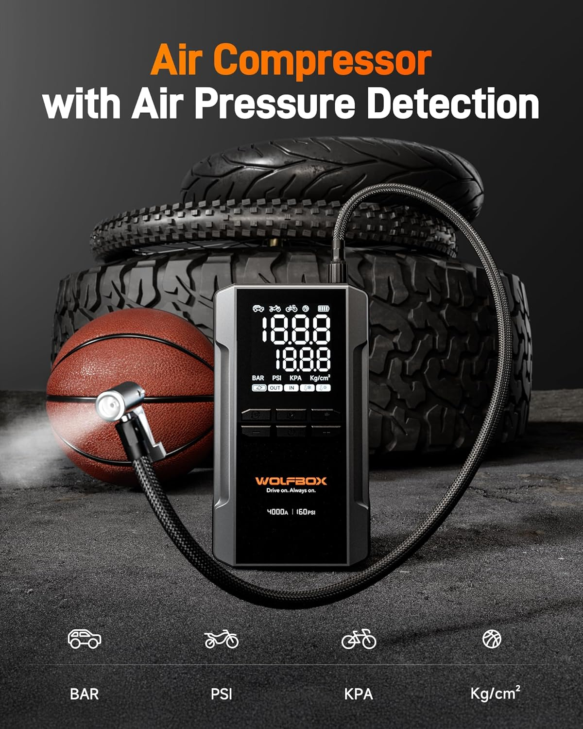 WOLFBOX Jump Starter with Air Compressor 4000A, Portable Tire Inflator, 160PSI, 65W Fast Charge, LED Display, 12V Car Battery(10L Gas & Diesel Engines) with Booster, LED Light, Jumper Cables image number 2