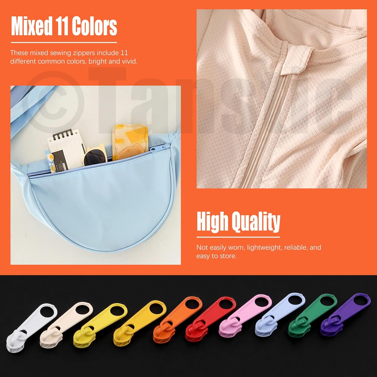 Tanstic 121Pcs (11 Sets) 33 Yards Nylon Coil Zippers with Sliders Assortment Kit, 11 Colors Sewing Zippers Bulk with Zipper Heads for Tailor Sewing Crafts image number 6