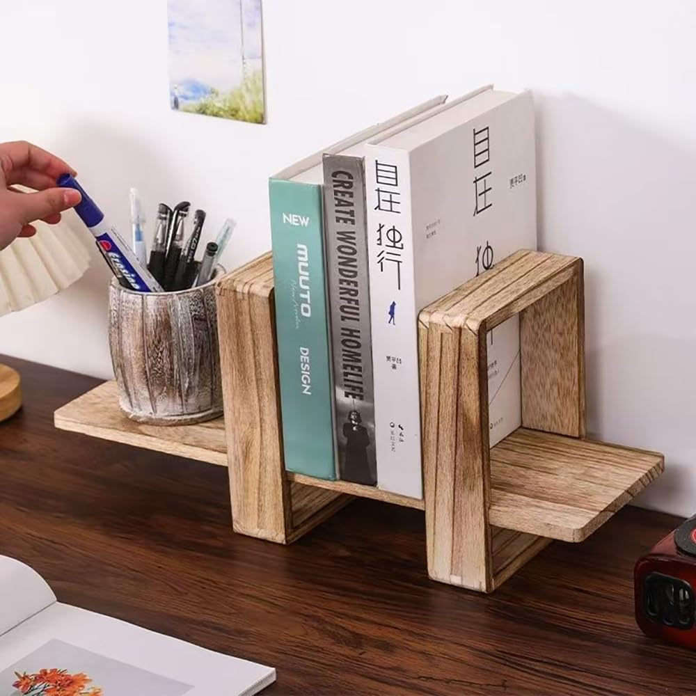 Hbluefat Adjustable Desktop Bookshelf, Retro Small Wood Tabletop Bookbookcase, Home Office Desk Orgnizer Shelf for Magazine, Books, Cds (Wood) - Wood image number 3