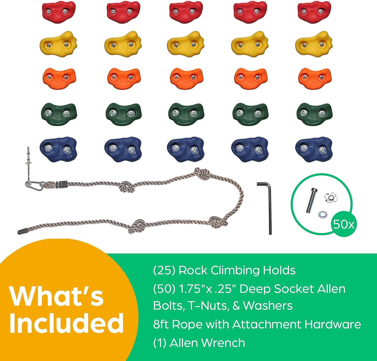 Jungle Gym Kingdom DIY 25 Rock Climbing Ninja Hand Holds with Robust 8 Foot Knotted Rope Build Childrens Playground Wall Kids Indoor Outdoor Play Sets with Mounting Hardware image number 1