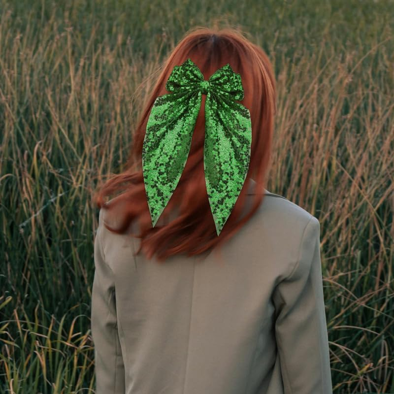 Sparkly Hair Bows for Girls Big Green Hair Clip Metal Clips French Ribbon Bowknot Hair Barrettes for Women Party Oversized Long Tail Hair Bow Clips Bling Hair Accessories for Thick Thin Hair image number 4