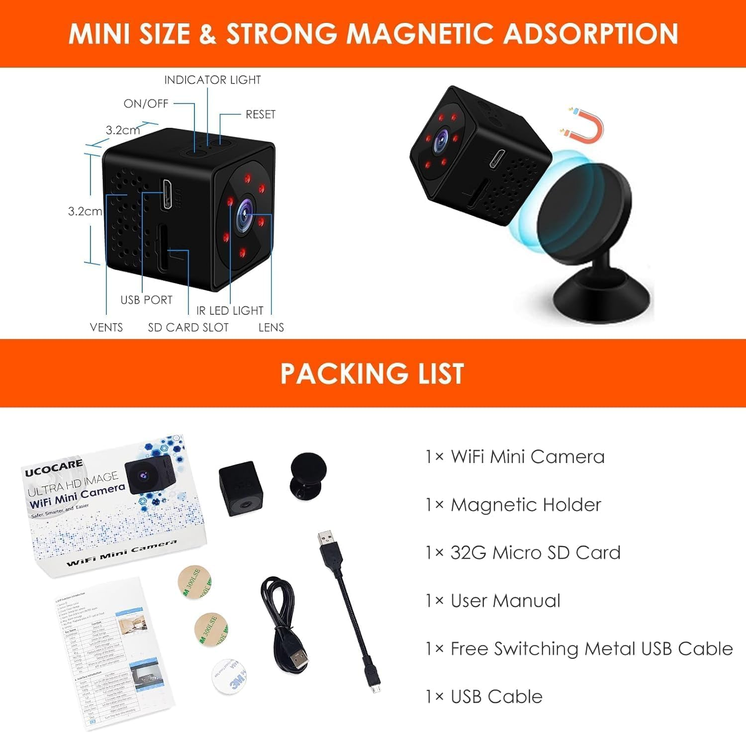 Mini Security Camera Wifi or No Wifi Optional, UCOCARE 4K Spy Camera with 32GB Memory Card, Cameras for Home Security, 150&deg; Wide-Angle, Night Vision, Motion Detection,For Indoor Outdoor (Matte Black) image number 4