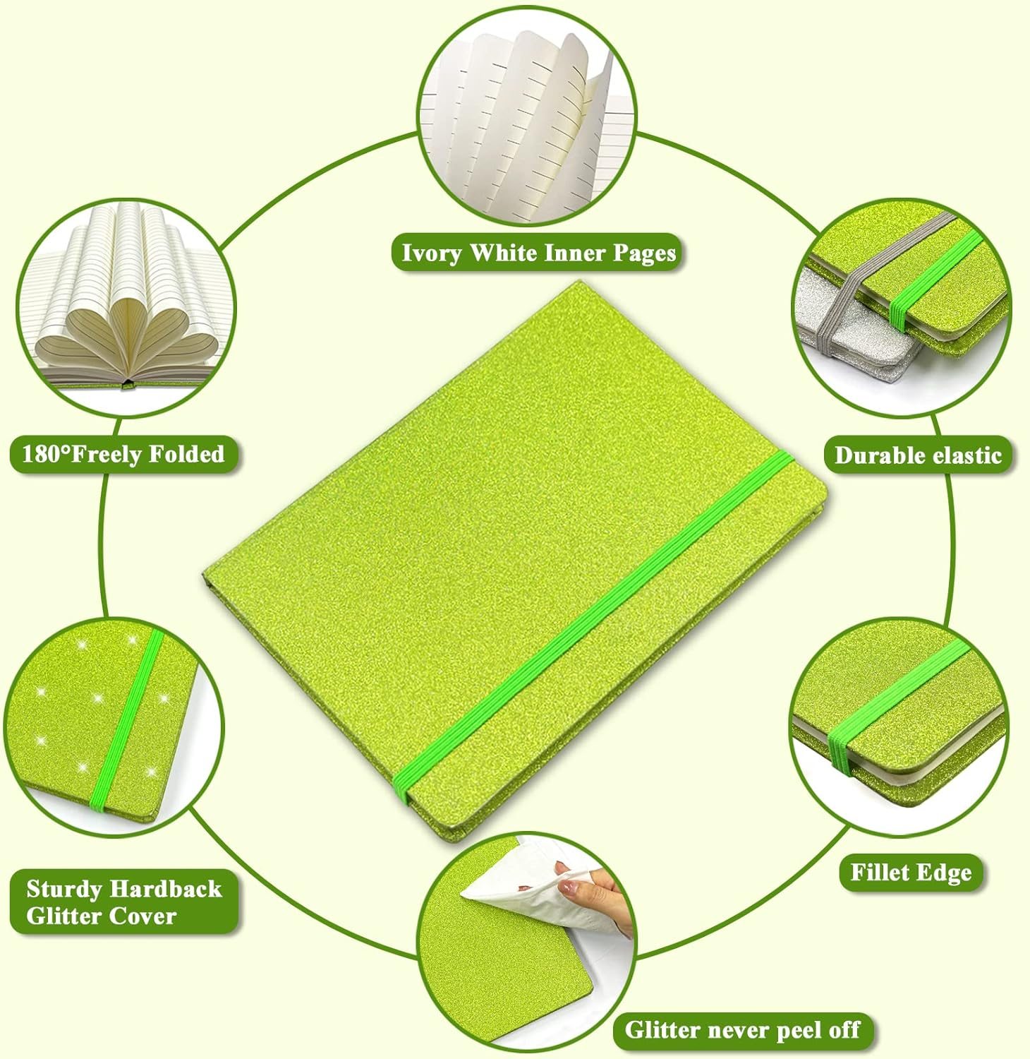 Green Glitter A5 Notebook, 8.3X5.7 Inches 160 Lined Pages Glitter Never Peel off Sparkle Writing Journal for Girls Ruled Hardcover Notebook for Teen Women Work Office Gifts image number 4