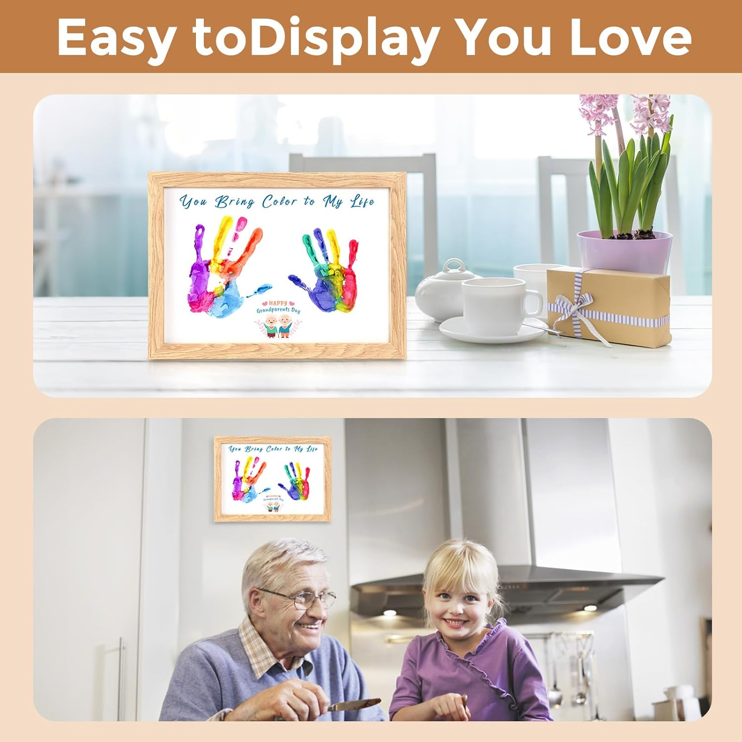 Gerrii Grandparents Day Family Handprint Greeting Cards Gifts Set, Wooden Frame with DIY Craft Keepsake Gift, Family Gifts for Home Decor Heartfelt Kindergarten Grandparents Day Activities image number 5