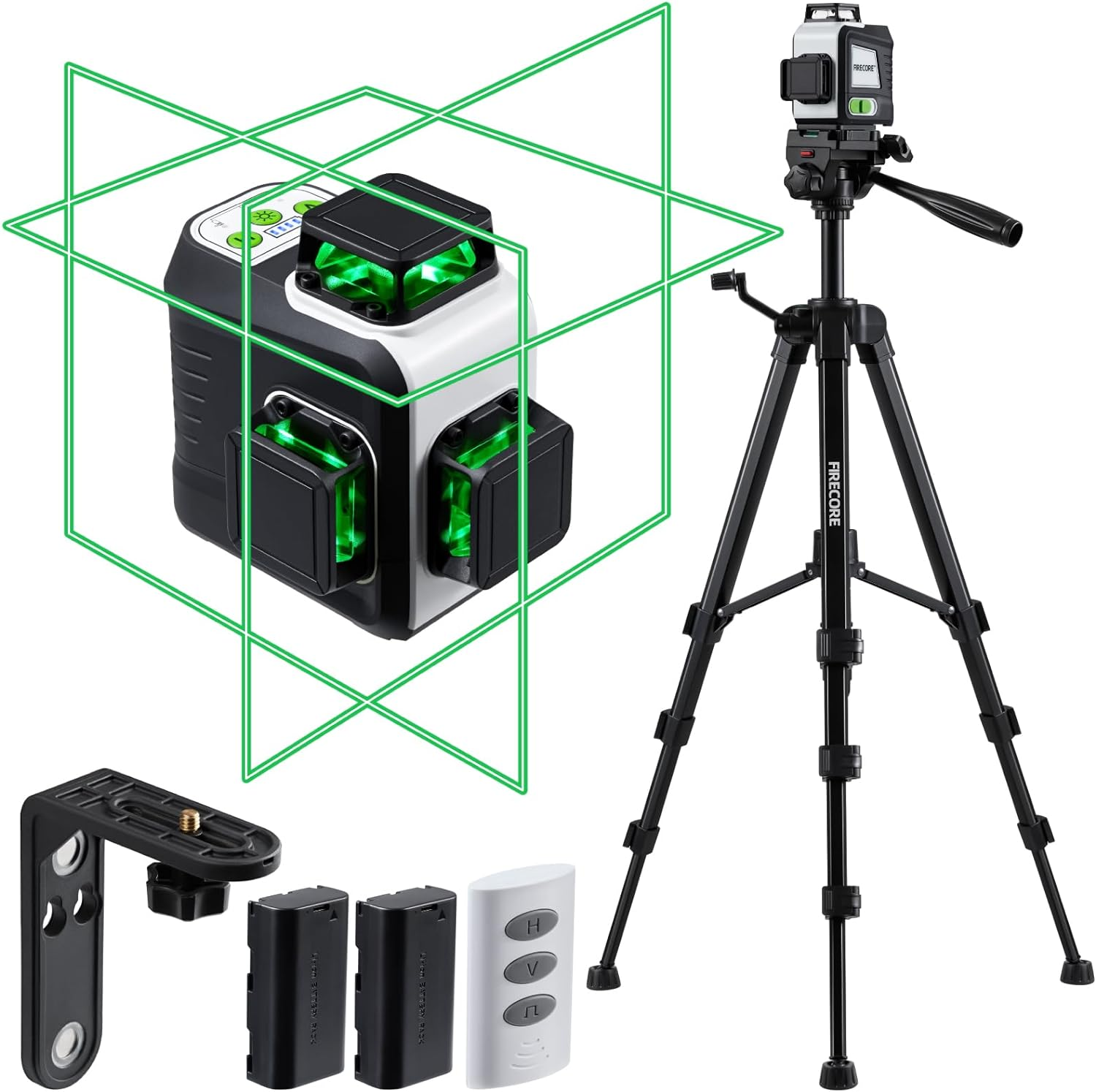 Firecore Laser Level with Tripod, 3 X 360&deg; Rechargeable Green Self Leveling Cross Line Laser with 60" Compact Tripod for Construction/Picture Hanging, 2 Li-Ion Batteries and Remote Control Included