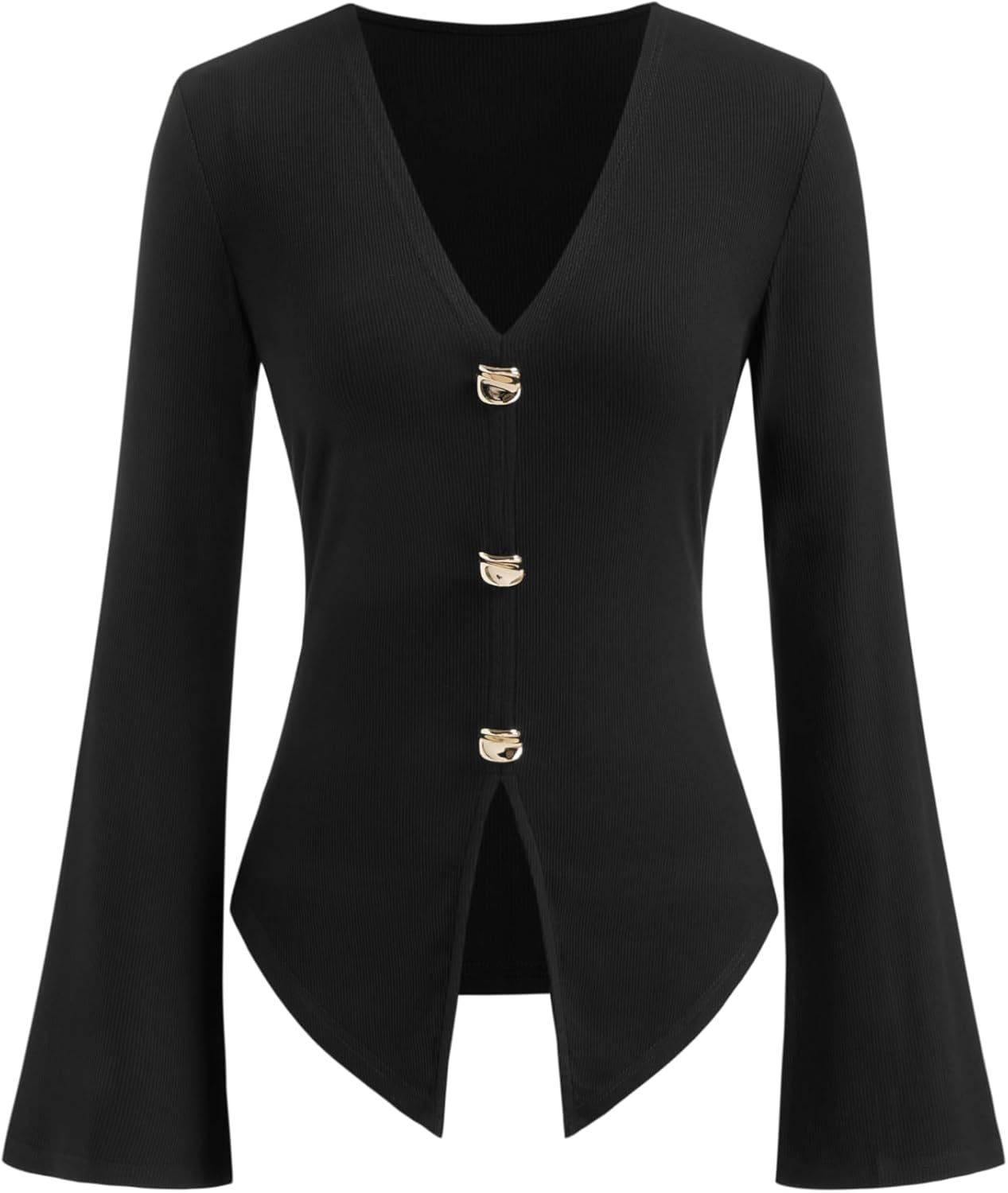 CIDER Women Ribbed Knit V Neck Top Long Sleeve Button down Blouse image number 6