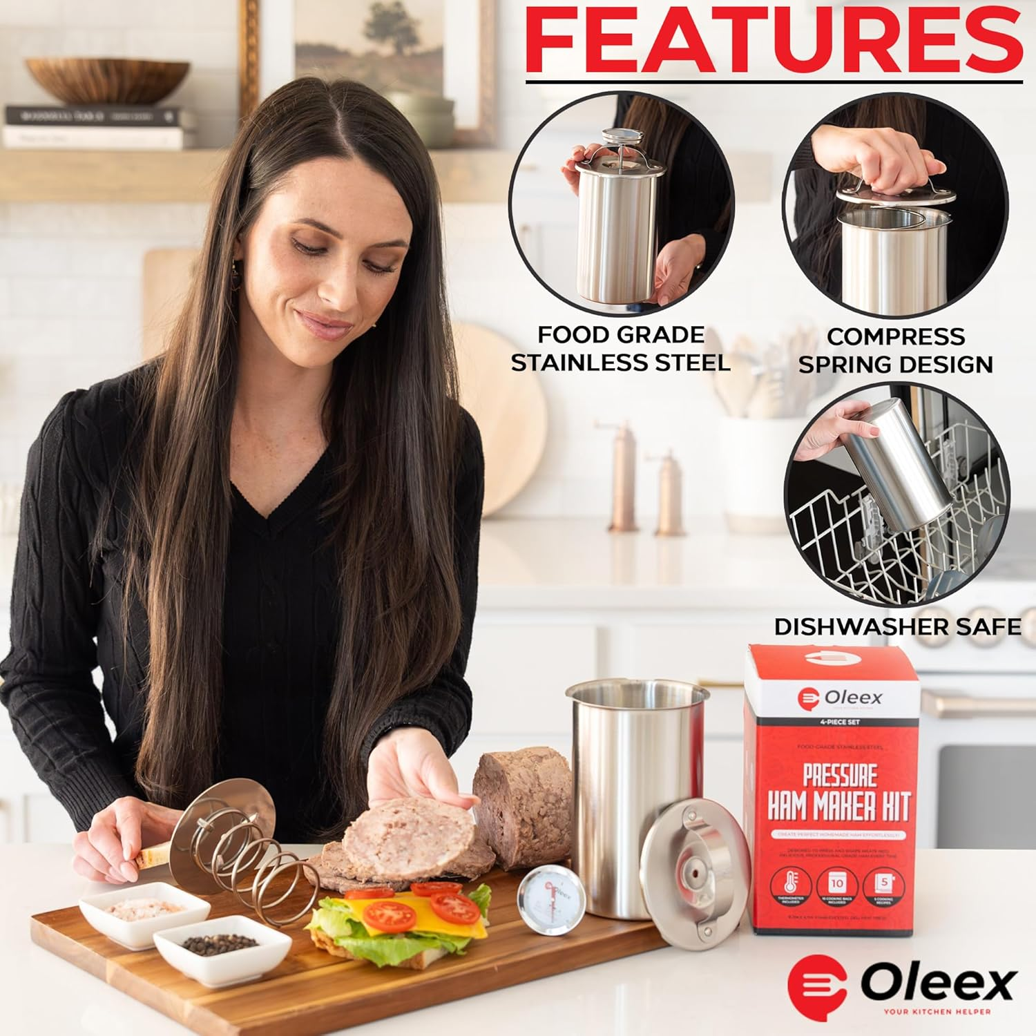 Oleex Lunch Meat Press Mold for Deli Meats-Homemade Ham Maker Meat Press Tool with Cooking Thermometer, 10 Cooking Bags & Recipe Book-Multipurpose Stainless Steel Pressure Sandwich Lunchmeat Maker image number 2